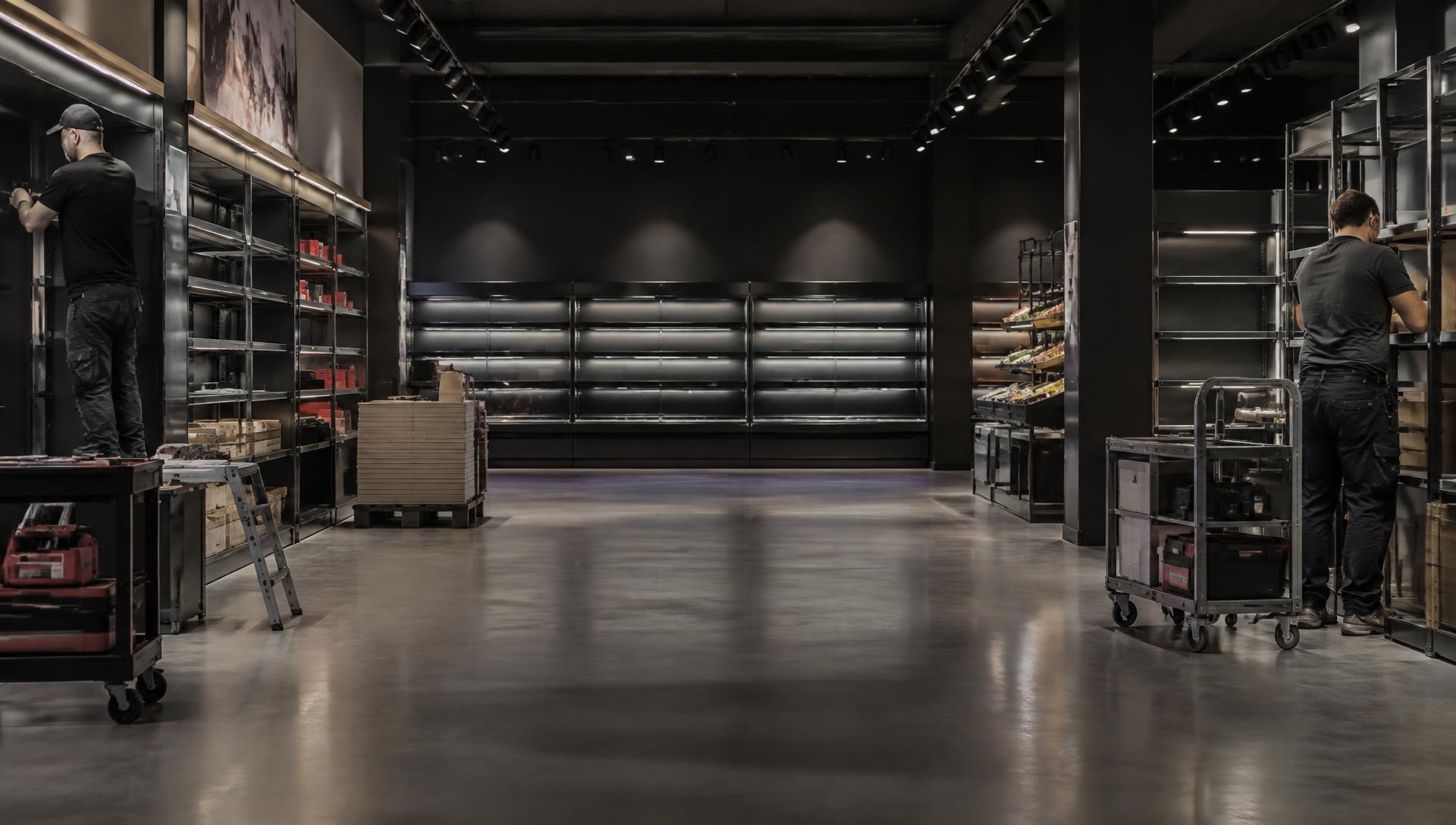 Butiksmiljö under etablering med montörer, hyllsystem och installationsmaterial